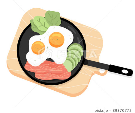 Scrambled Eggs in a pan. Fried Eggs with vegetables and fish Vector illustration in cartoon style. English delicious Breakfast. Omelet with Avocado and Fish. 89370772