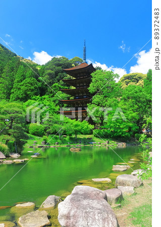 【山口県】新緑の瑠璃光寺五重塔と塔影池 89372483