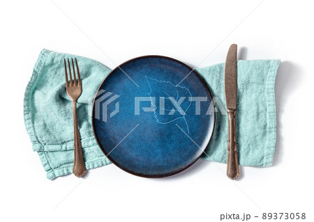 Cutlery with a blue plate with a leaf design. A fork, a knife, and a dish 89373058
