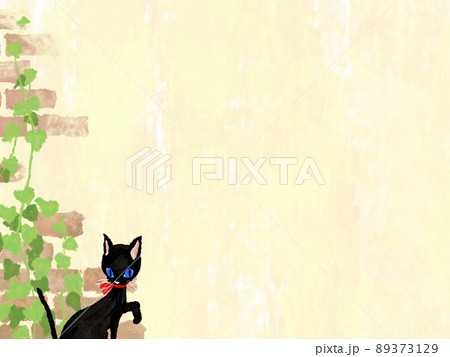 植物がつたうレンガの壁と赤いリボンの黒猫のイラスト背景 89373129