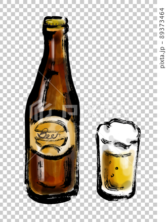 瓶ビールとコップに入ったビール手描き和風イラストのイラスト素材