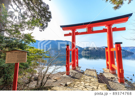 朝日と初春の箱根神社　平和の鳥居　神奈川県箱根町 89374768