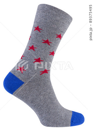 gray voluminous sock with a pattern of red stars, on a white background gray voluminous sock with a pattern of red stars, on a white background 89375495