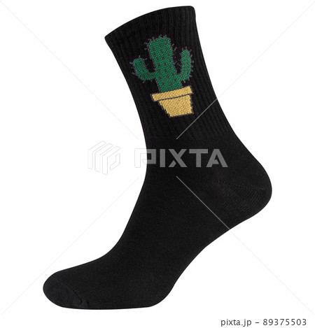 high black sock with a green cactus pattern, on a white background 89375503