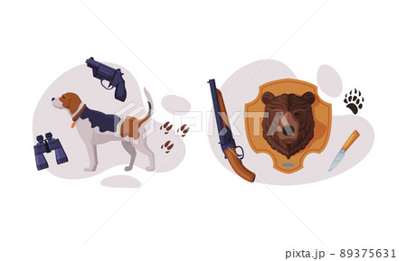 Hunting Dog Hound with Footprints and Bear Head with Rifle Vector Composition Set Hunting Dog Hound with Footprints and Bear Head with Rifle Vector Composition Set 89375631