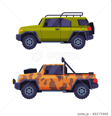 Off Road Car Vehicle with Wheel as Transport for Hunting Vector Set 89375669