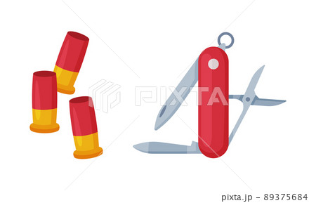 Penknife with Steel Blade and Bullet as Hunting Accessory Vector Set 89375684