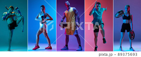 Collage of professional sportsmen in sports uniform isolated on multicolored background in neon light. Flyer. Advertising, sport life concept 89375693