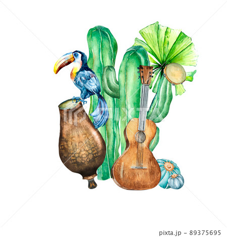 Toucan, guitar, cactus, palm watercolor. Festa Junina illustration 89375695