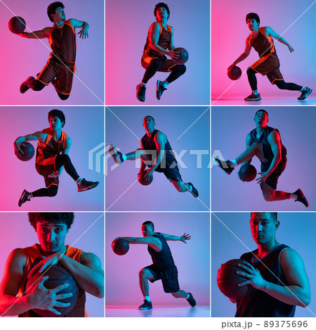 Set images of young energetic men playing basketball isolated on gradient pink blue studio background in neon light. Youth, hobby, motion, activity, sport concepts. 89375696
