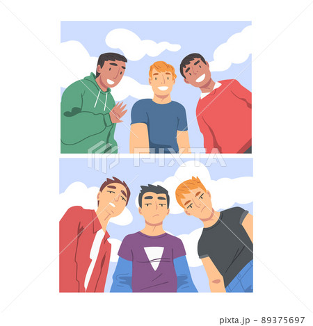 Group of Young Smiling Man Looking at Camera from Above Making Selfie Vector Set 89375697