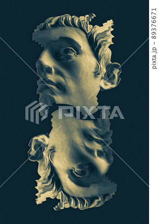 Collage with antique sculpture of human face in surreal style. Modern creative concept image with ancient statue head. Zine culture. Contemporary art poster. Funky punk minimalism. Unusual design. 89376671
