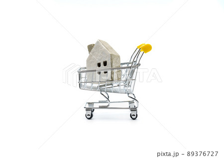 ショッピングカートに入れられたミニチュアの家 ショッピングカートに入れられたミニチュアの家 89376727