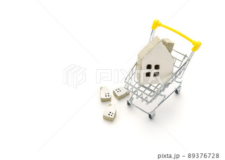 ショッピングカートに入れられたミニチュアの家 ショッピングカートに入れられたミニチュアの家 89376728