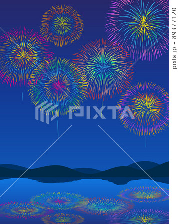 花火大会のイラスト 湖面に映る花火 縦型のイラスト素材 3771