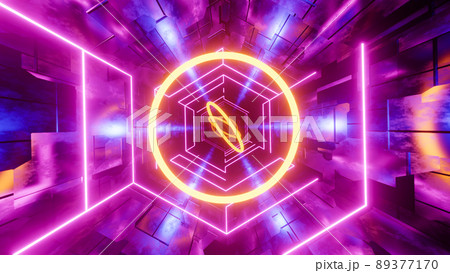 Flying through a tunnel with purple bars and yellow rings. 3D rendering illustration. Flying through a tunnel with purple bars and yellow rings. 3D rendering illustration. 89377170