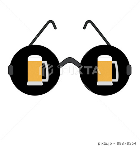 Black round glasses with two full mugs of beer. Vector illustration, icon isolated on white background. 89378554