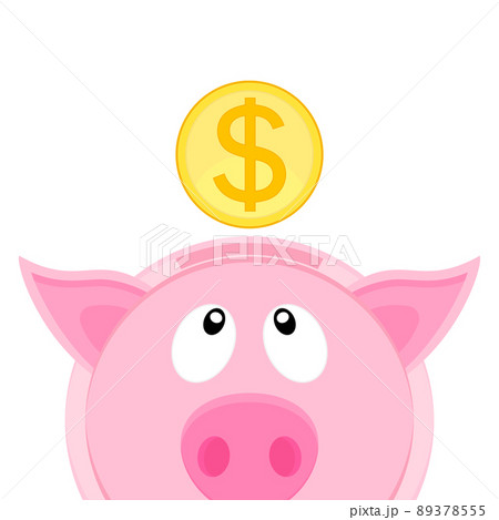 A gold coin with a dollar sign falls into a living pink piggy bank. Vector illustration. A gold coin with a dollar sign falls into a living pink piggy bank. Vector illustration. 89378555