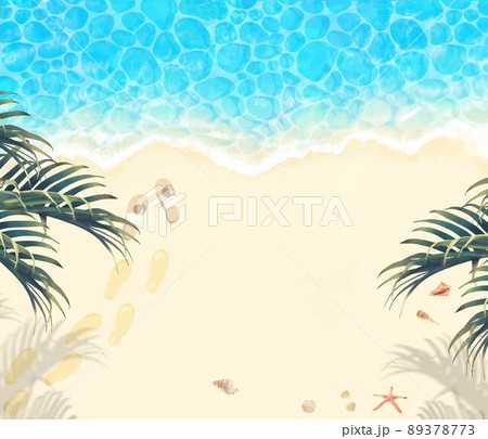 上から見た夏の砂浜とエメラルドグリーンの海の波打ち際に貝殻とサンダルと足跡のあるヤシの背景素材 89378773