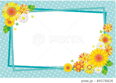 ひまわりの花 フレーム フォトフレーム 背景素材 ドット柄 長方形 ブルー 89378826