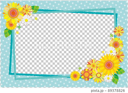 ひまわりの花 フレーム フォトフレーム 背景素材 ドット柄 長方形 ブルー 89378826