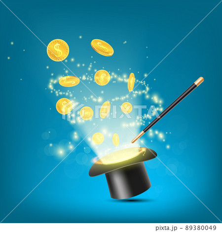 Gold coins dollars fly out of the magic hat. Gold coins dollars fly out of the magic hat. 89380049