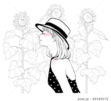 ひまわり畑と女性のイラスト素材