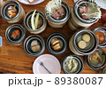 Dimsum set, warm meal put on the wood table background 89380087