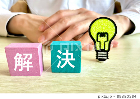 解決の文字と男性 ひらめきマーク 解決の文字と男性 ひらめきマーク 89380584