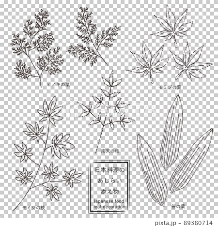 Japanese cuisine leaves with monochrome line drawing characters 89380714