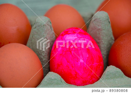 Colored egg in a cardboard package from eggs. Colored egg in a cardboard package from eggs. 89380808