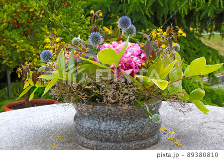 A stone vase with growing plants in the park. 89380810