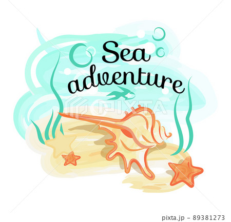 Sea Adventure Poster With Shell Lies In Deep Oceanのイラスト素材