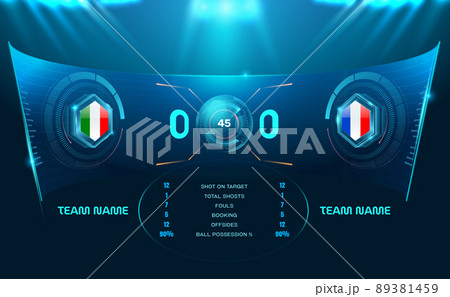 hologram technology soccer football stadium spotlight and scoreboard background with glitter light 89381459