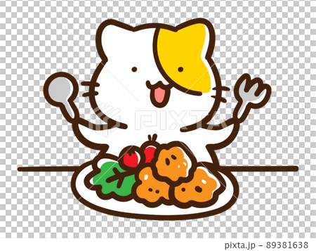 一個可愛的貓角色吃炸雞的手寫風格插圖 89381638