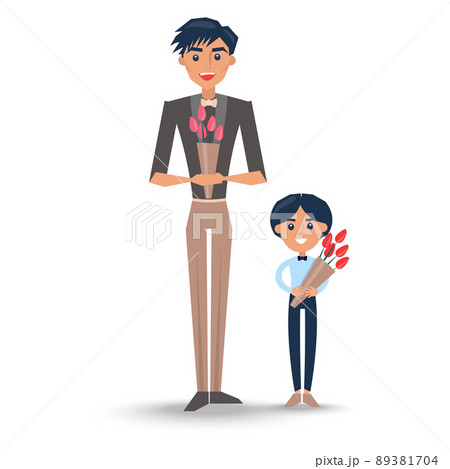 Joyful Man and Child Holding Bouquet of Red Tulips 89381704