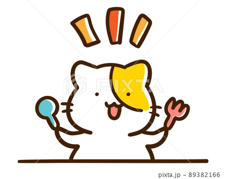 フォークとスプーンを持つかわいいねこのキャラクターの手書きイラストのイラスト素材 3166