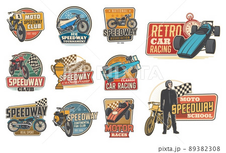 Speedway and car racing retro vector icons, sport race rally and motorcycles. Speedway races club badges and emblems, racer in helmet, motocross racing tournament and championship cup signs 89382308