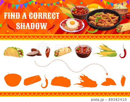 Find a correct shadow of mexican food, kids game worksheet. Vector matching riddle with tacos, cocoa seed, chili pepper, burrito, bean soup, corn and jalapeno tex mex silhouettes maze 89382410