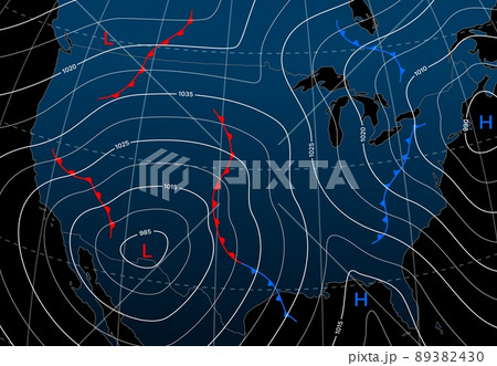 Forecast weather isobar night map of Northern America, meteorology wind fronts vector diagram. North America map with weather forecast and temperature isobar with pressure and wind charts 89382430