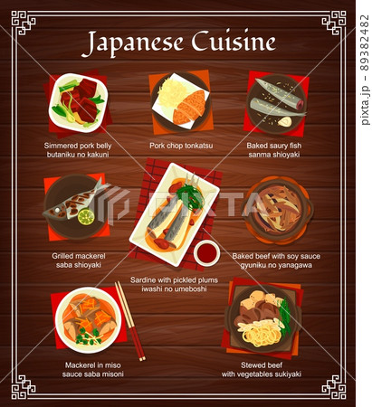 Japanese cuisine food, Asian menu dishes lunch and dinner, vector restaurant meals poster. Japanese cuisine traditional miso soup, sardine and mackerel saba fish, stewed beef in sukiyaki and pork chop 89382482