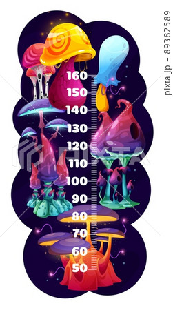 Fantastic magic mushrooms, kids height chart ruler, vector growth measure meter. Kids growth chart or baby tall scale with cartoon fairy luminous mushrooms and magic glowing toadstools 89382589