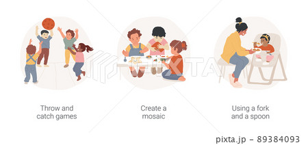 Kids motor skills development isolated cartoon vector illustration set. Throw and catch games, create a mosaic, using fork and spoon, play a game, kindergarten activity, self-care vector cartoon. 89384093
