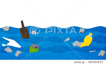 海や川に流出したゴミ ペーパークラフトのイラスト素材 3845