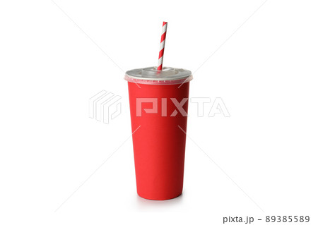 Red paper cup with straw isolated on white background Red paper cup with straw isolated on white background 89385589