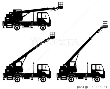 Silhouette of aerial platform truck with different boom position. Heavy construction machine. Building machinery. Special equipment. Vector illustration. 89386071
