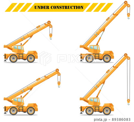 Building crane truck with different boom position. Heavy equipment and machinery. Construction machine. Vector illustration. 89386083