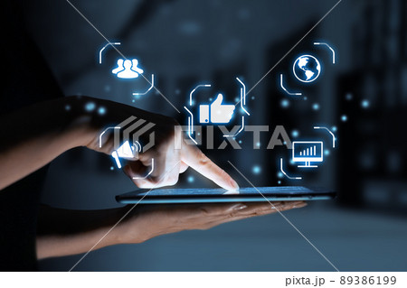 Tools for promotion and advertising campaign. Thumbs up, followers on abstract display over tablet in person hands. Tools for promotion and advertising campaign. Thumbs up, followers on abstract display over tablet in person hands. 89386199