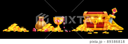 Golden treasure cartoon vector illustration, game pirate money sack, coin pile, full open chest, cup 89386818