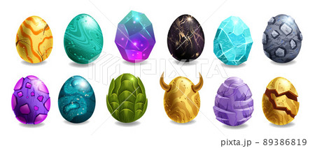Dragon egg game icon set, vector cartoon magic dino stone kit, UI alien space rock easter collection 89386819